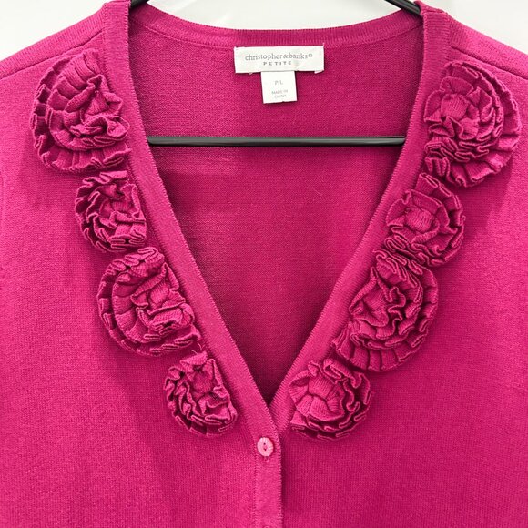 Christopher Banks Fuschia Button Down Sweater 3/4 Sleave Petite Large - Picture 2 of 4